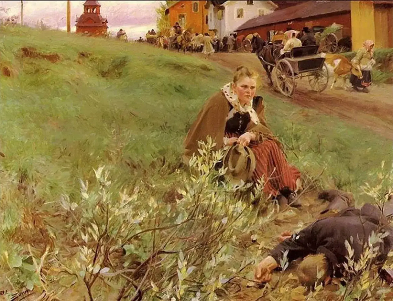 En kvinna sitter i gräset, en man ligger på marken. Scen från landsbygden, som Zorn ofta målade.